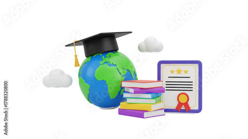 Vector illustration of global education concept with graduation cap, books, and diploma