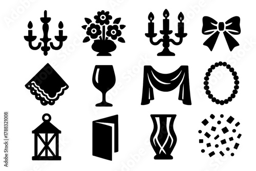 Elegant Event Icons. Elegant Event Decor silhouette icon set: chandelier, floral centerpiece, candle holder, satin ribbon, lace napkin, wine glass, draped fabric, pearl string,