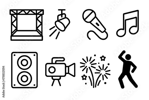 Halftime Show Icons. Super Bowl Sunday Halftime Fun linear icon set: stage, spotlight, microphone, music note, speakers, camera, fireworks, dancing silhouette.