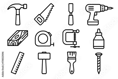 Woodworking Tool Icons. Woodcraft Icons linear icon set: hammer, saw, chisel, drill, wood plank, tape measure, clamp, glue bottle, ruler, mallet, brush, screw.