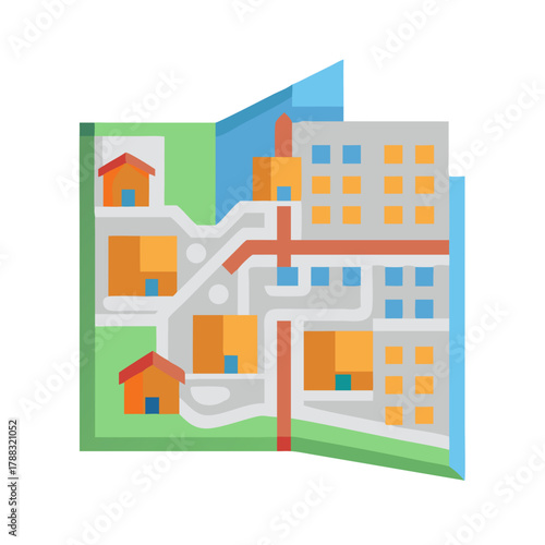 City map illustration with buildings and roads in flat style