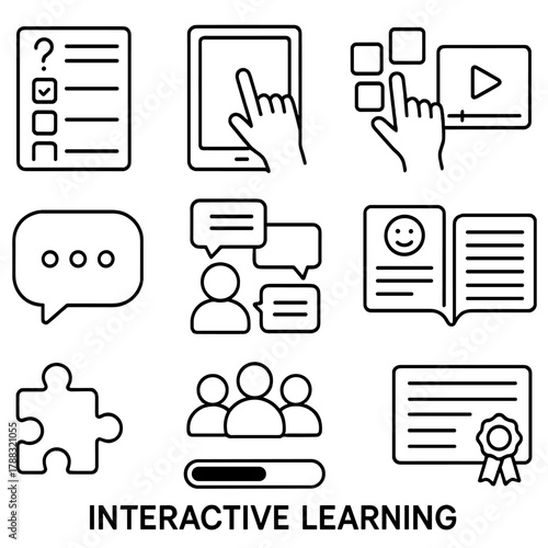 Interactive Learning Icons. Interactive Learning linear icon set: quiz icon, touch screen, drag-and-drop blocks, video lesson, chat bubble, discussion board, feedback form, digital