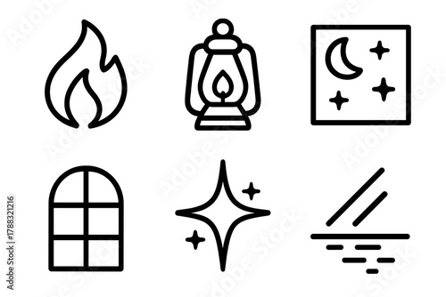 Luminous Symbols Display. Symbolic Lights linear icon set: flame, lantern, night sky, shining star, window, reflection.