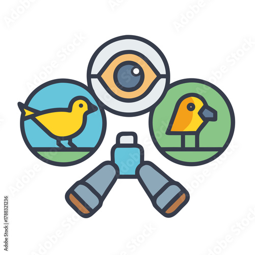 Birdwatching concept with binoculars, birds, and a watching eye