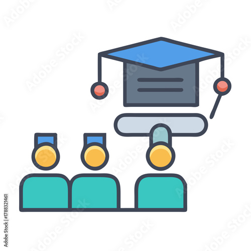 Graduation ceremony class attending lecture with mortarboard overhead symbol