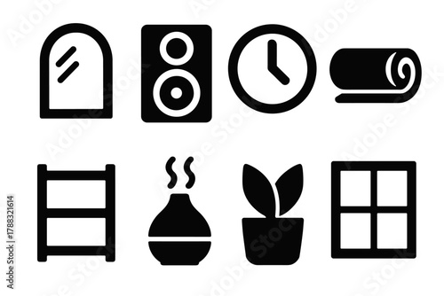 Brutalist Yoga Icons. Yoga Studio silhouette icon set: mirror, speaker, clock, yoga mat roll, shelf, diffuser, plant, window.