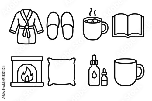 Self-Care Icons Collection. Cozy Self-Care linear icon set: bathrobe, slippers, hot cocoa, book, fireplace, pillow, essential oils, mug.
