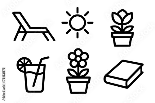 Backyard Relaxation Icons. Backyard Sun linear icon set: deck chair, garden, book, lemonade, flower pot, sunlight rays.