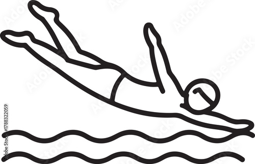 Line art of person jumping into water wave for swimming
