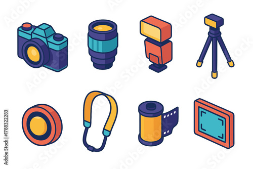 Classic Camera Icons. Classic Cameras modern flat icons set: film camera, lens, flash, tripod, shutter button, strap, roll of film, viewfinder.