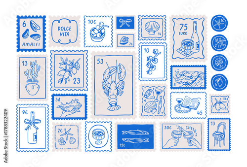 Dolce vita postal marks set in doodle sketch style. Italian summer holiday, post stamp designs. Sea vacation, Mediterranean food, sardines, lobster and seashell. Vector illustrations isolated on white