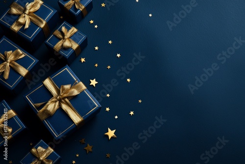 Colorful Gift Boxes With Golden Ribbons and Stars on a Dark Blue Background f...