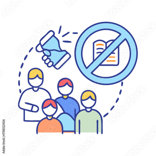 Limited Learning Illustration: Group of Students with Book Ban Symbol