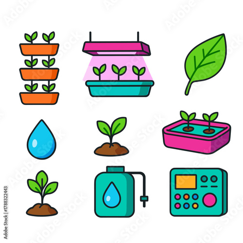 Urban Farming Icons. Urban Agriculture modern flat icons set: stacked planters, grow lights, hydroponic tray, leaf, water droplet, seedling, nutrient tank, control panel.
