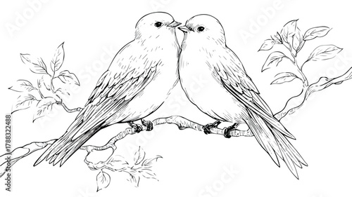 Serene Coloring Page Featuring Beautiful Birds Perched on Branch of Tree