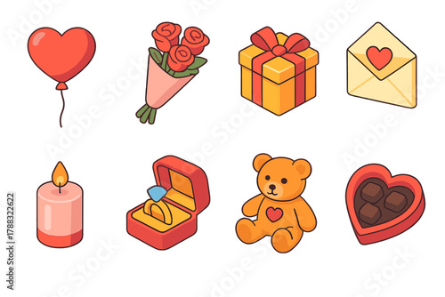 Valentine Isometric Icons. Valentine's Week Romantic Moments modern flat icons set: heart balloon, bouquet of roses, gift box, love letter, candle, ring box, teddy bear, chocolate