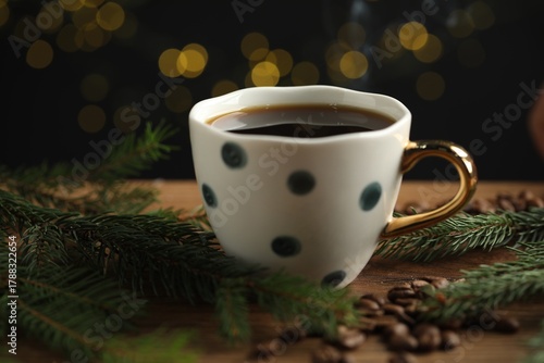 Wallpaper Mural Aromatic coffee in cup, beans and fir tree branches on wooden table against black background with blurred lights, closeup. Bokeh effect Torontodigital.ca