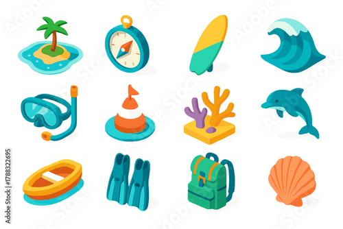Surf Adventure Icons. Surf Adventure Icons modern flat icons set: island map, compass, surfboard, wave, snorkel mask, ocean buoy, reef, dolphin, boat, fins, backpack, shell.