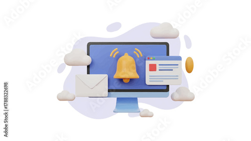 Vector illustration of computer screen displaying a notification bell, email, and message window