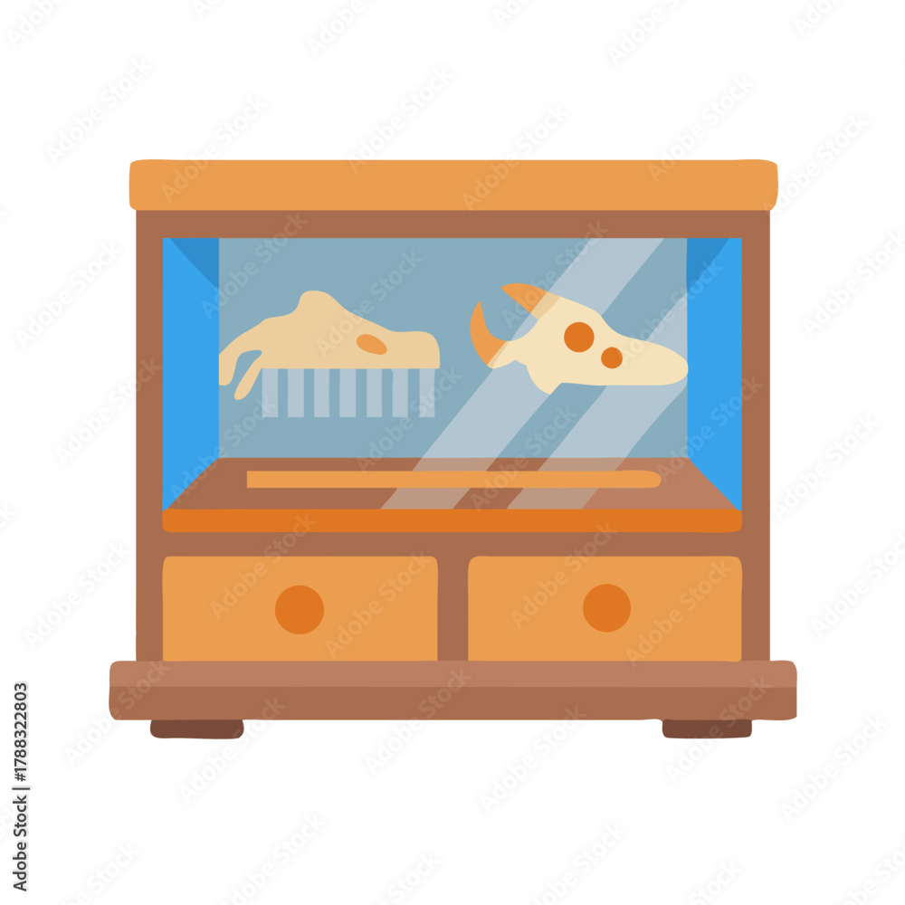 Obraz premium Museum cabinet displaying prehistoric animal fossils flat vector illustration