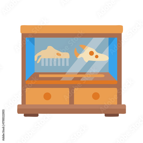 Museum cabinet displaying prehistoric animal fossils flat vector illustration