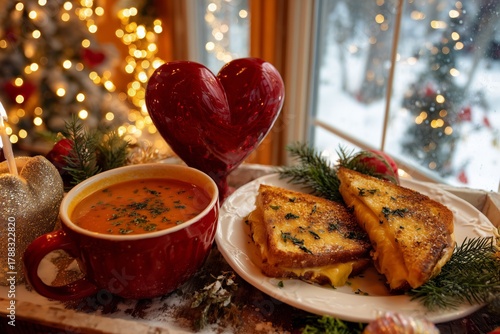 Cozy Winter Meal of Grilled Cheese and Tomato Soup Beside a Decorated Tree an...
