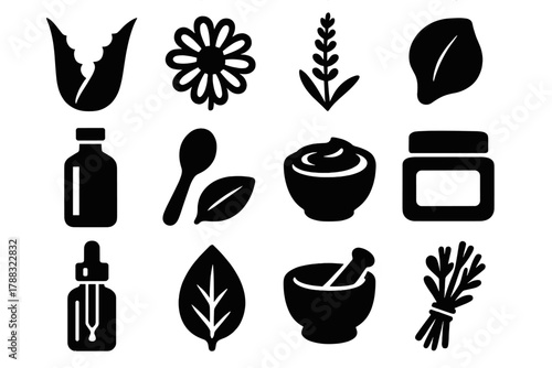Brutalist Botanical Icons. Botanical Beauty silhouette icon set: aloe leaf, chamomile flower, lavender sprig, rose petal, essential oil bottle, wooden spoon, clay mask bowl, face