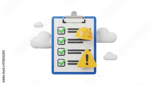 Vector illustration of clipboard with checklist, hard hat, and warning sign