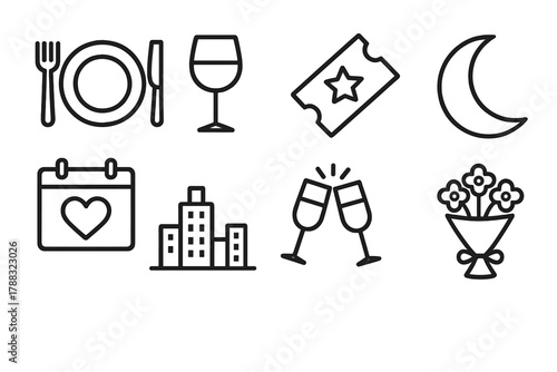 Romantic Date Icons. Date Night linear icon set: dinner plate, wine glass, movie ticket, moon, calendar heart, clinking glasses, city skyline, bouquet.