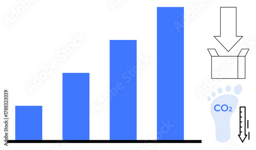 Vertical blue bar graph with decreasing metrics, CO2 footprint icon, downward arrow, and thermometer. Ideal for sustainability, emissions, climate action, carbon reduction, efficiency environmental