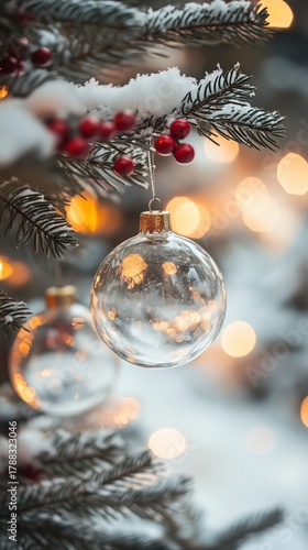 Sparkling Glass Ornaments Hang on a Snowy Christmas Tree at Dusk With Warm Li...