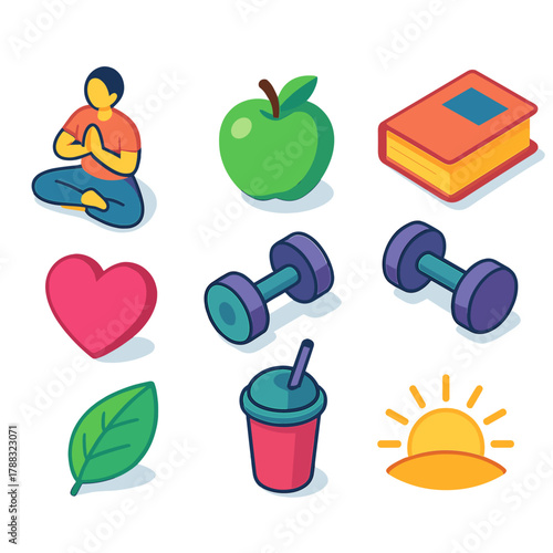 Wellness Icons Set. Everyday Wellness modern flat icons set: yoga pose, apple, weights, book, heart, leaf, smoothie cup, sunrise.