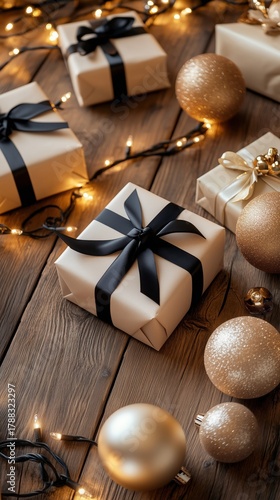 Festive Gifts Arranged With Ornaments and Lights on Wooden Surface for Holida...