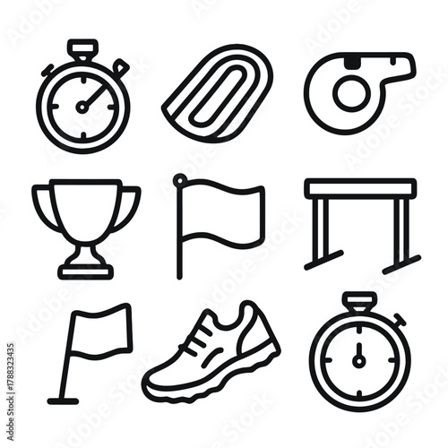 Athletic Icons Collage. Track and Training linear icon set: stopwatch, track lanes, whistle, hurdle, trophy, flag, running shoes, timer.