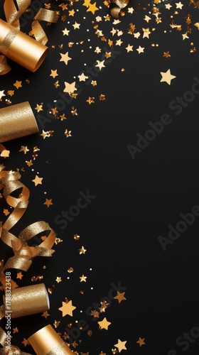 Golden Party Decorations With Stars and Ribbons on a Black Background for Cel...