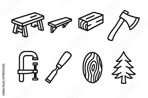 Rustic Wood Icons. Rustic Wood Creations linear icon set: bench, shelf, beam, axe, clamp, chisel, wood grain, pine tree.