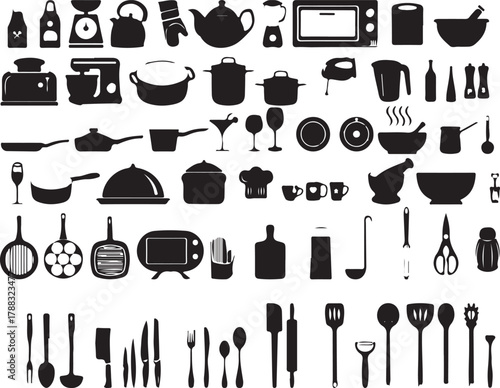 Collection of kitchen utensils and appliances in silhouette