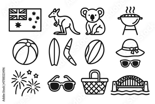 Australian Icons Celebration. Australia Day – National Celebration linear icon set: Australian flag, kangaroo, koala, barbecue grill, beach ball, surfboard, boomerang, sun hat,