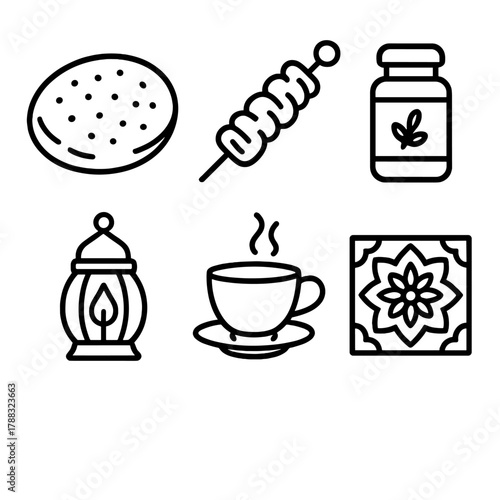 Middle Eastern Icons. Middle Eastern Feast linear icon set: pita bread, kebab skewer, spice jar, lantern, tea cup, pattern tile.