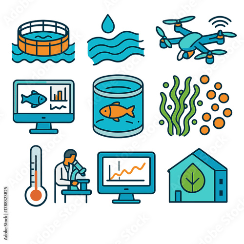 Aquaculture Innovation Icons. Aquaculture Innovation modern flat icons set: fish farm cage, water flow, sensor icon, drone, data screen, hatchery tank, algae bloom, feed pellet,