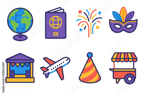 Isometric Festival Icons. Global Festival Journeys modern flat icons set: world globe, passport, fireworks, parade mask, street stage, plane, party hat, food cart.