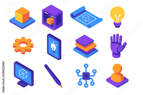 Modern Isometric Icons. Innovative product design modern flat icons set: prototype, 3D printer, blueprint, light bulb, gear, tablet, material sample, robotic hand, screen, stylus,