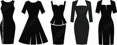 Set of five black dress silhouettes featuring various necklines and sleeve styles for fashion design, garment sketch, and style reference.