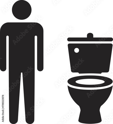 Silhouette icon of person standing beside toilet, black vector illustration for restroom signage, bathroom facilities, hygiene, and public space.