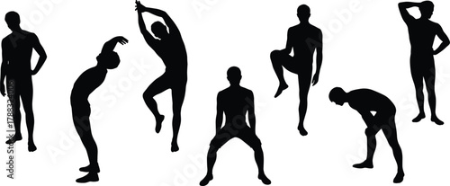 Silhouette Set of Stretching and Exercise Poses for Fitness, Wellness, Anatomy, Yoga, Physical Therapy, and Human Body Movement Concepts