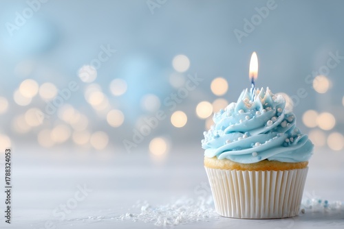Delightful Blue Frosted Cupcake With a Candle and Festive Background Lights f...