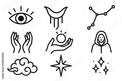 Celestial Icons Outline. Astral Realms linear icon set: celestial eye, moonbeam, constellation, floating hands, light orb, nebula cloud, cosmic star, spirit guide.