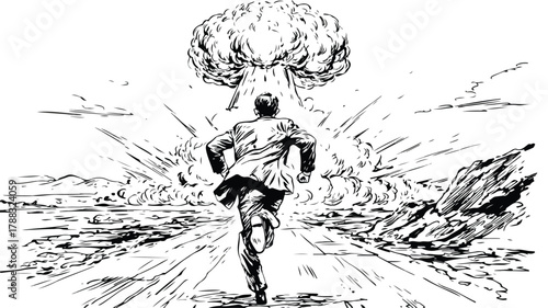 Fearful Man Running Away from Nuclear Explosion Concept