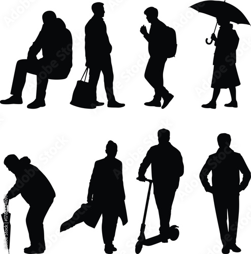 Silhouettes of people in everyday urban activities, black vector illustration showing walking, sitting, umbrella use, scooter riding, and casual motion.
