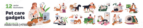 Pet care gadgets set. Automatic feeder, tracker, camera for cats, dogs. Digital devices, automation technologies, accessories for animal owners. Flat vector illustration isolated on white background.